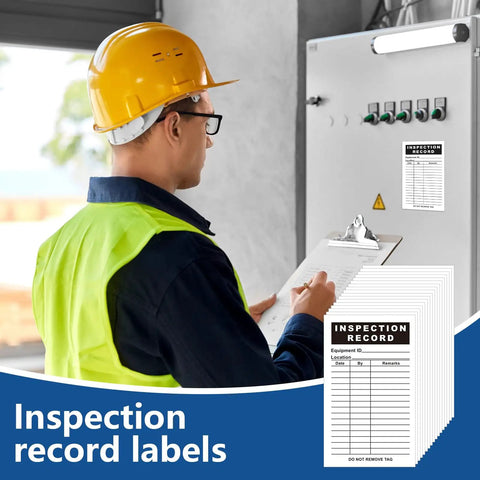 Worker using 500 Pack Inspection Record Labels for Safety Inspections, Equipment Maintenance, Quality Control, 5x3 inch tags.