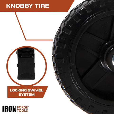 Close-up of Side Mount Swivel Caster Wheels Set of 4 for Furniture and Cart, 3 Inch Knobby Tire Casters, black locking swivel system.