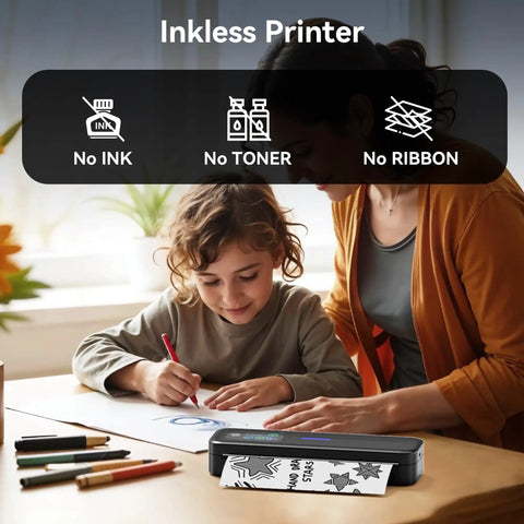 Upgraded Portable Wireless Printer With Touchscreen, Bluetooth Thermal Inkless M832D in use by a child and adult at a table.