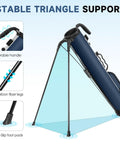 Lightweight Golf Stand Bag For Driving Range Par 3 And Executive Courses Compact 5 To 6 Club Carrier With Ball Holder And Pockets Reinforced Base Two Way Top And Adjustable Padded Strap For Men And Women showing anti-slip foot pads and carbon fiber legs.