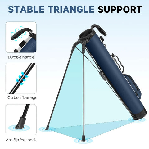 Lightweight Golf Stand Bag For Driving Range Par 3 And Executive Courses Compact 5 To 6 Club Carrier With Ball Holder And Pockets Reinforced Base Two Way Top And Adjustable Padded Strap For Men And Women showing anti-slip foot pads and carbon fiber legs.
