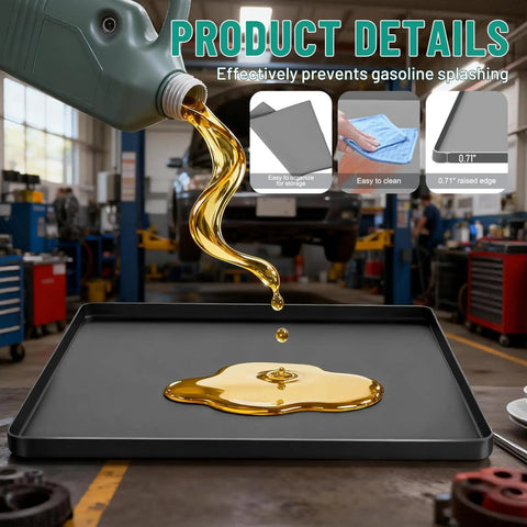 Heavy Duty Silicone Oil Drip Mat For Under Car 27x27 Inch Non Slip Oil Spill Tray For Garage Floor Or Driveway No Splatter Leaks Protector Keeps Your Garage Surface Clean And Stain Free Black showing oil being poured onto the mat