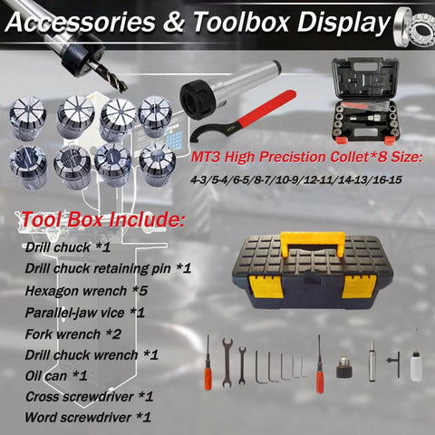Heavy Hitter Benchtop Milling Machine With 1100W Brushless Motor And 110V Setup Delivers No Fuss Precision On Steel And Aluminum accessories toolbox display including collets, tools, and drill chuck.