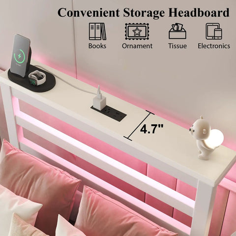 Totally Sweet Twin Size Metal Bed Frame With White Storage Headboard Featuring Smart App Control Rgb Led Lights And Built In Usb Charging Ports For Ultra Chill Bedroom Setups That Slap with storage headboard showing LED lights and charging ports.
