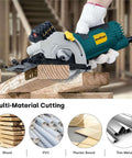 Enventor mini circular saw with laser guide cutting wood block; teal body, yellow logo, corded power tool