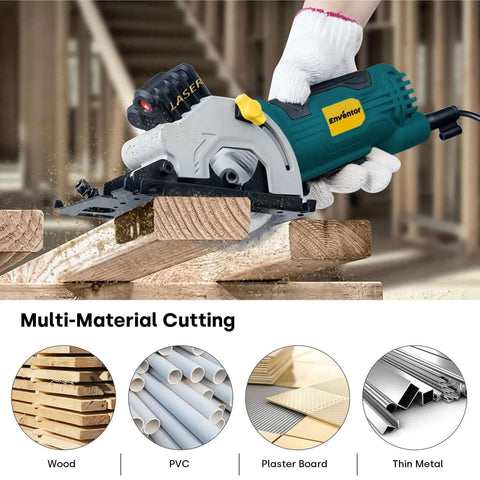 Enventor mini circular saw with laser guide cutting wood block; teal body, yellow logo, corded power tool