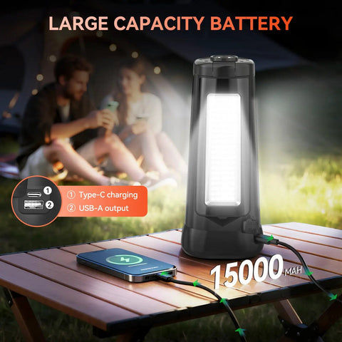Rechargeable Camping Light With Stand Cordless Work Light With Three Led Heads And 5500 Lumens Dimmable Brightness 15000mAh Battery For Up To 25 Hours Runtime Detachable 86 Inch Tripod Emergency Outdoor Flashlight For Camping on table with smartphone charging.