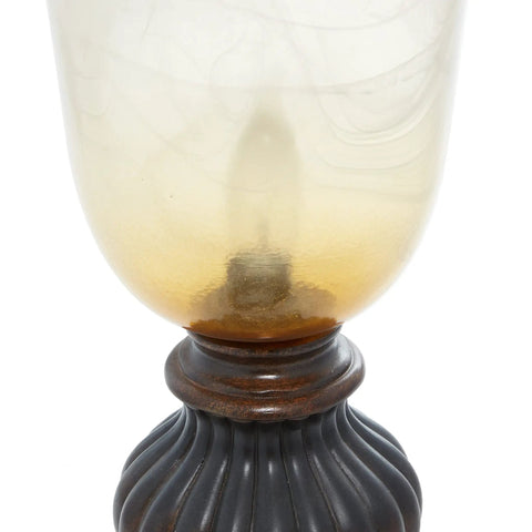 Close-up of Rustic Polystone Uplight Set Of 2 With Frosted Glass And Gold Accent In Brown Finish 9 Inch Wide By 18 Inch High