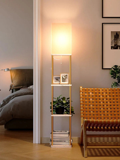 Gold Marble Texture Floor Lamp With Shelves, 4 Tier LED Display Lamp With Adjustable 3CCT Bulbs in a modern living room.
