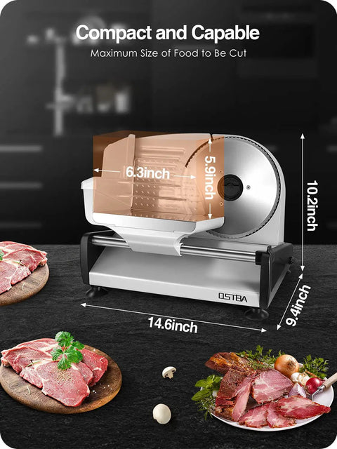 Real Deal Heavy Duty Electric Meat Slicer With 7.5 Inch Stainless Steel Blade, Adjustable Thickness For Deli Roast Beef Cheese And Crisp Veggies, Slick Clean Design
