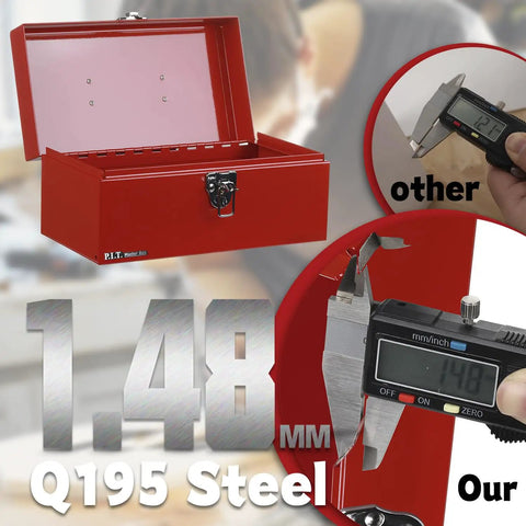No Cap Heavy Duty Metal Tool Box With Secure Latch Lock, Portable 12 Inch Steel Storage Case For Job Sites And Backyard Builds, Durable Powder Coated Shell In Bold Red showing steel thickness measurements.