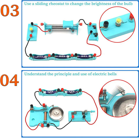Electricity And Magnetism Kit For Students Hands On Physics Circuit Lab Kid Friendly electric bell and bulb rheostat setup.
