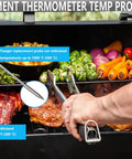 Person grilling vegetables and meat on a barbecue with Replacement Meat Probe Kit For Wood Pellet Grills And Smokers High Temp 1000 F Probe Stainless Steel Wire Includes 2 Holder Clips Compatible With Most Grills For Grill Pros And Weekend Warriors displayed on the grill.