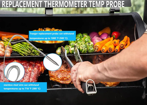 Person grilling vegetables and meat on a barbecue with Replacement Meat Probe Kit For Wood Pellet Grills And Smokers High Temp 1000 F Probe Stainless Steel Wire Includes 2 Holder Clips Compatible With Most Grills For Grill Pros And Weekend Warriors displayed on the grill.