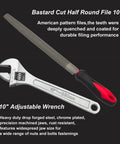 10-inch adjustable wrench and Bastard-cut half-round file, 2-piece chrome-plated set.