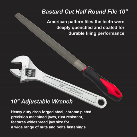 10-inch adjustable wrench and Bastard-cut half-round file, 2-piece chrome-plated set.