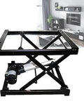 Heavy Duty Electric Scissor Lift Table With Wireless Controller Raising Your Workbench Or Display Stand Smoothly Loads Up To 99 Lbs Quiet Motor in black with a view of a modern living room background.