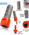 Front view of 3-piece orange diamond beveling chamfer bit set with 5/8-11 drill adapter for ceramic tile