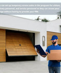 Delivery person outside garage with Universal Wireless Garage Door Keypad With Keyless Entry For Most 1993 To Present Openers