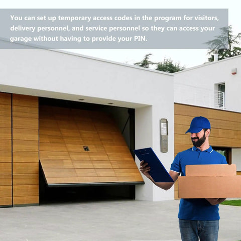 Delivery person outside garage with Universal Wireless Garage Door Keypad With Keyless Entry For Most 1993 To Present Openers