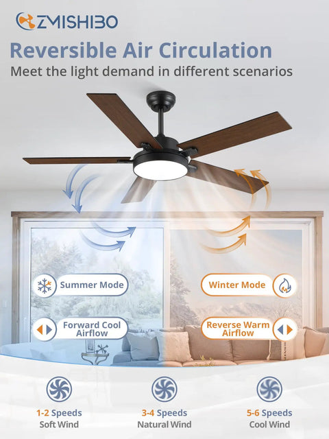52 Inch Cool Modern Ceiling Fan With Lights And Smart Remote App Control 6 Speeds 3CCT Dimmable 30W LED Quiet DC Motor