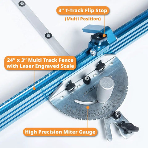 Table Saw Miter Gauge System With 27 Angle Stops 3/4 By 3/8 T-Slotted Miter Bar And 24 By 3 Inch Pro Grade Multi T-Track Fence With Scale