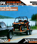 ATV secured on trailer with Heavy Duty Wheel Chock And E Track Tie Down Straps Kit Four Pack 2 Inch By 9 Foot Ratchet Straps