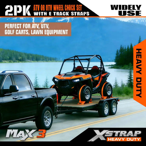 ATV secured on trailer with Heavy Duty Wheel Chock And E Track Tie Down Straps Kit Four Pack 2 Inch By 9 Foot Ratchet Straps