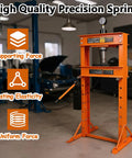 Heavy Duty 30 Ton Hydraulic Shop Press With Press Plates Adjustable Height H-Frame Floor-Standing Auto Repair Press For Garages And Mechanical Workshops Beefy Steel Construction For Reliable Power And Long Lasting Use, shown in an equipped garage setting.