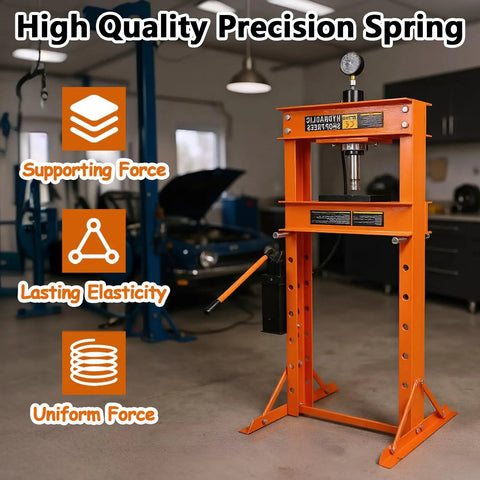 Heavy Duty 30 Ton Hydraulic Shop Press With Press Plates Adjustable Height H-Frame Floor-Standing Auto Repair Press For Garages And Mechanical Workshops Beefy Steel Construction For Reliable Power And Long Lasting Use, shown in an equipped garage setting.