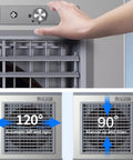 Do Not Sweat The Heat With This Hella Efficient Portable Evaporative Swamp Cooler showing 120 degree oscillation settings.