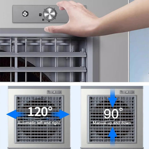 Do Not Sweat The Heat With This Hella Efficient Portable Evaporative Swamp Cooler showing 120 degree oscillation settings.