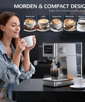Woman enjoying coffee next to 20 Bar Espresso Machine With Milk Frother For Home Coffee Bar Enthusiasts, Stainless Steel Build With One Touch Screen, Cold Brew Capabilities, Silver.