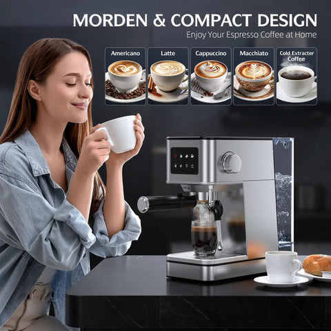 Woman enjoying coffee next to 20 Bar Espresso Machine With Milk Frother For Home Coffee Bar Enthusiasts, Stainless Steel Build With One Touch Screen, Cold Brew Capabilities, Silver.