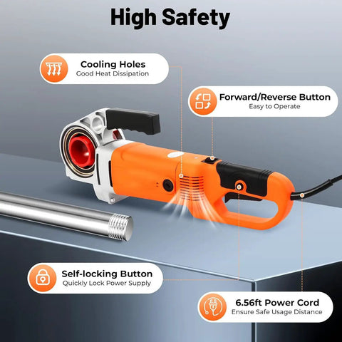 Built Tough Portable Pipe Threader Driven By 2300 Watt Copper Motor And Six Grip Tight Dies From Half To Two Inches with safety features.