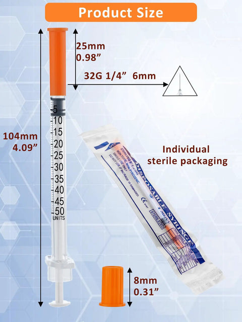 Bulk 100 Pack Disposable Syringes 0.5ml 32 Gauge 0.5cc Lab Supplies Individually Wrapped with Clear Graduation Scale and Smooth Piston for Easy One Hand Operation, 104mm size