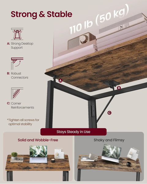 Folding Computer Desk For Small Spaces With One Piece Desktop And Round Edges Lightweight Craft Table For Bedroom Balcony Dorm Or Camping 31.5 By 15.7 Inches Easy Assembly Rustic Brown showing strong and stable support for 110 lb load