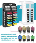 Plug And Play Manual Reset Fuse Block Kit With 3A 5A 7A 10A 15A 20A 25A 30A Blade Fuses In A 32V DC Assortment For Boats, Trucks, SUVs And Motorcycles With Marine Grade Protection And Quick Reset, black fuse block with white cover and blade fuses