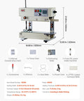 Beefed Up Continuous Bag Band Sealer With Adjustable Temperature And Speed 0.24 to 0.47 Inch Seal Width Vertical Roller Printing Sealing Machine For 0.001 to 0.03 Inch Plastic Bags 600W Motor Up To 52.5 Ft Per Minute front view