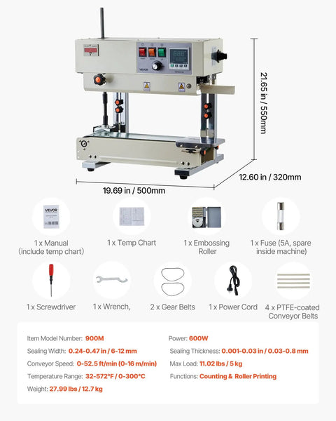 Beefed Up Continuous Bag Band Sealer With Adjustable Temperature And Speed 0.24 to 0.47 Inch Seal Width Vertical Roller Printing Sealing Machine For 0.001 to 0.03 Inch Plastic Bags 600W Motor Up To 52.5 Ft Per Minute front view