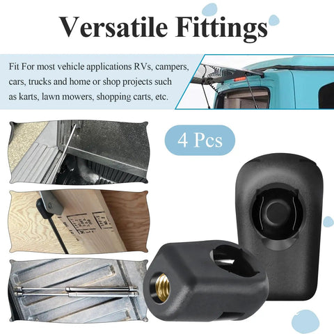 Ready To Roll And Install Straight Up 4 Piece M6 Female Thread Gas Spring Strut End Fittings With 10MM Ball Stud Sockets For Auto RV Cabinet Hardware Repair Work close-up on versatile fittings.