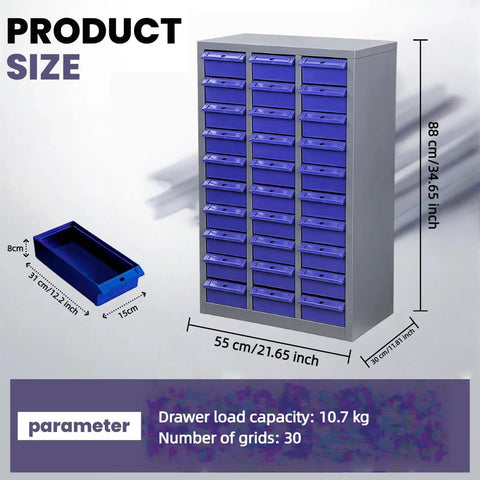 Freestanding Nut And Bolt Organizer Cabinet With 30 Drawers Durable ABS Drawer Storage Heavy Duty Alloy Steel Tool Organizer For Professionals shown with dimensions.
