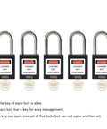 Five Black Lockout Tagout Locks Keyed Alike OSHA Compliant Safety Padlocks lined up with keys visible
