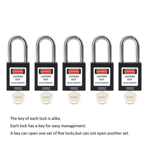 Five Black Lockout Tagout Locks Keyed Alike OSHA Compliant Safety Padlocks lined up with keys visible
