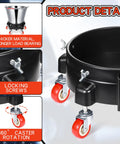 Close-up of Two Pack Round Plastic Bucket Dollies With Five Quick Spin Swivel Casters For Smooth Easy Rolling, showcasing locking screws and rotating casters.