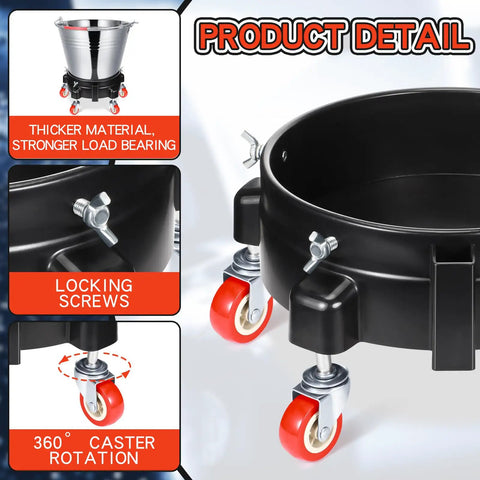Close-up of Two Pack Round Plastic Bucket Dollies With Five Quick Spin Swivel Casters For Smooth Easy Rolling, showcasing locking screws and rotating casters.