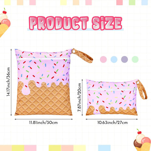 Ice Cream Pink Two Pack Waterproof Wet Dry Bags Set With Zipper Pouches For Baby Diapers Makeup And Swim Gear Large 11.81 By 14.17 Inches Small 10.63 By 7.87 Inches Reusable Travel Pouches, featuring ice cream cone pattern.