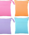 Four colorful 4 Pack Wet Dry Diaper Bags For Baby Cloth Diapers And Swim Gear Waterproof Reusable Travel Organizer With Dual Pockets