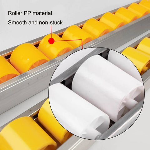 Flow Rail Conveyor Wheels Kit For Heavy Duty Pallet And Box Handling, close-up of yellow and white rollers on galvanized steel frame