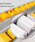 Top Notch Galvanized Steel Flow Rail Conveyor Wheels For Heavy Duty Warehouse Skating System Style Rail Track rollers Customize Length 1m Yellow close-up of yellow and white rollers